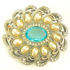 Silver, Pearl and Blue Topaz Brooch